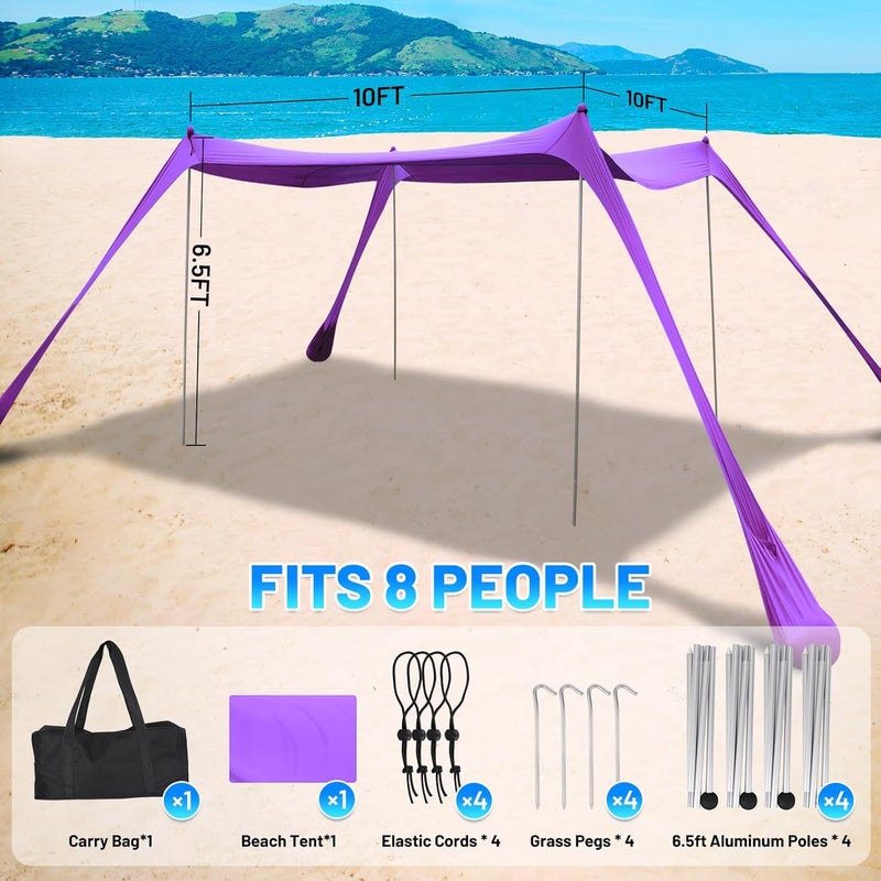 BOTINDO Family Beach Tent Canopy Sun Shade, Pop Up Grande Beach Tent Sun Shelter Stability 4 Poles with Portable Carry Bag Outdoor Shade for Fishing Backyard Camping (Purple, 10x10FT 4Pole) - Image 2